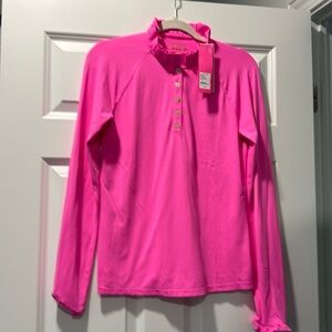 Lilly Pulitzer luxletics medium hutton polo long sleeve ruffle detail pink isle